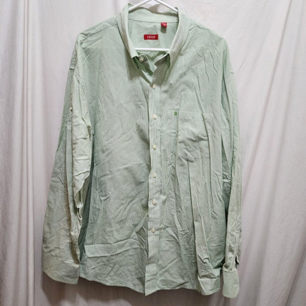 IZOD Mens Green White Striped Long Sleeve Button‎ Down Shirt XXL Regular Fit